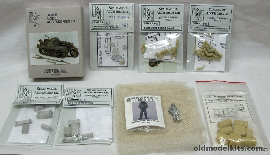 SMA 1/48 German Me-262 Diorama Parts - from SMA / Airwaves / Verlinden - Pilots / Kettenkrad with 2 Crew / Ground Crew / Crates / Barrels / Me-262 Engine Covers / Camo Netting plastic model kit